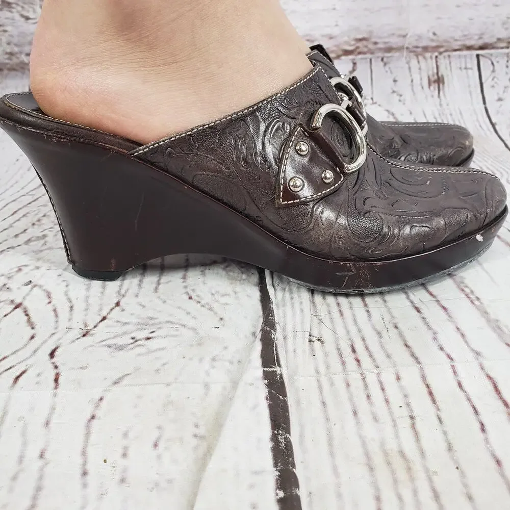 Cole Haan Women's Brown D18198 Leather Tooled Clog Mules Size 7B